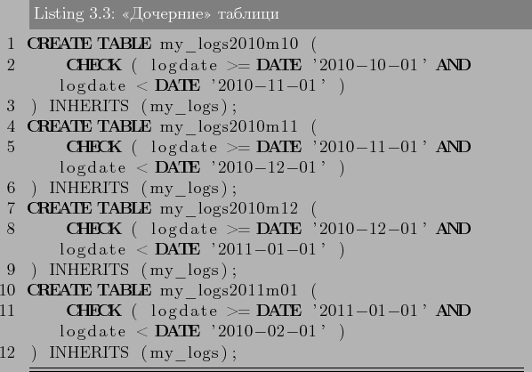 \begin{lstlisting}[language=SQL,label=lst:partitioning3,caption=<<Дочерни...
...-01-01' AND logdate < DATE '2010-02-01' )
) INHERITS (my_logs);
\end{lstlisting}