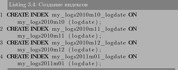 \begin{lstlisting}[language=SQL,label=lst:partitioning4,caption=Создание...
...REATE INDEX my_logs2011m01_logdate ON my_logs2011m01 (logdate);
\end{lstlisting}