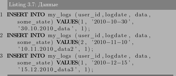 \begin{lstlisting}[language=SQL,label=lst:partitioning7,caption=Данные]
IN...
...ta, some_state) VALUES(1, '2010-12-15', '15.12.2010 data3', 1);
\end{lstlisting}