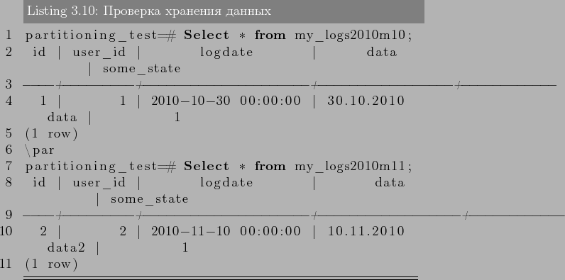 \begin{lstlisting}[language=SQL,label=lst:partitioning10,caption=Проверк...
...vert 2010-11-10 00:00:00 \vert 10.11.2010 data2 \vert 1
(1 row)
\end{lstlisting}