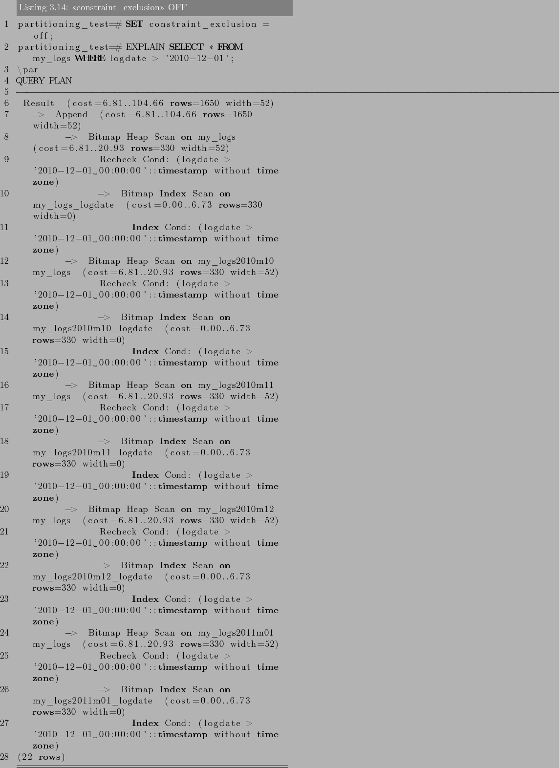 \begin{lstlisting}[language=SQL,label=lst:partitioning14,caption=<<constraint\_e...
...> '2010-12-01 00:00:00'::timestamp without time zone)
(22 rows)
\end{lstlisting}