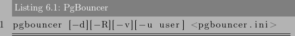 \begin{lstlisting}[label=lst:pgbouncer1,caption=PgBouncer]
pgbouncer [-d][-R][-v][-u user] <pgbouncer.ini>
\end{lstlisting}